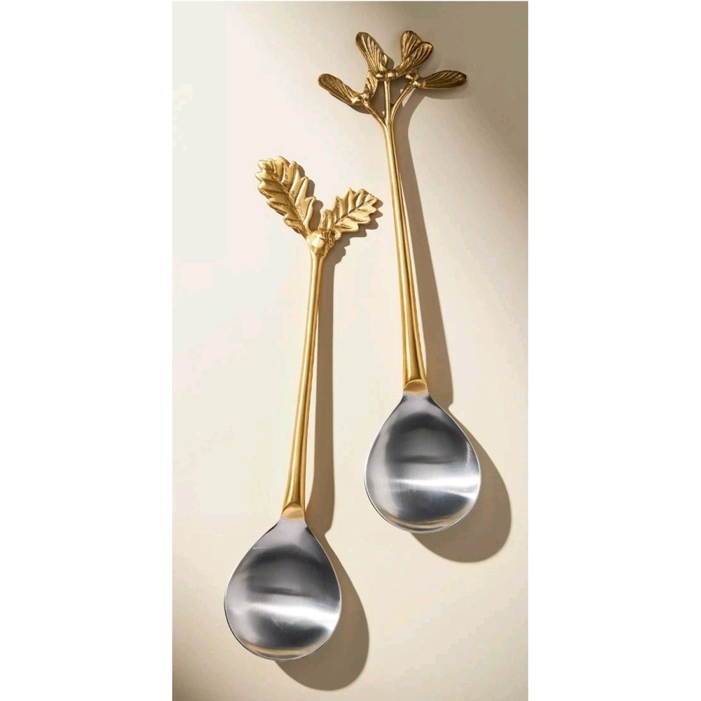 NEW Anthropologie Herbiflora Spoon Serving Set 2 Leaf Oak Pine Gold Brass Metal